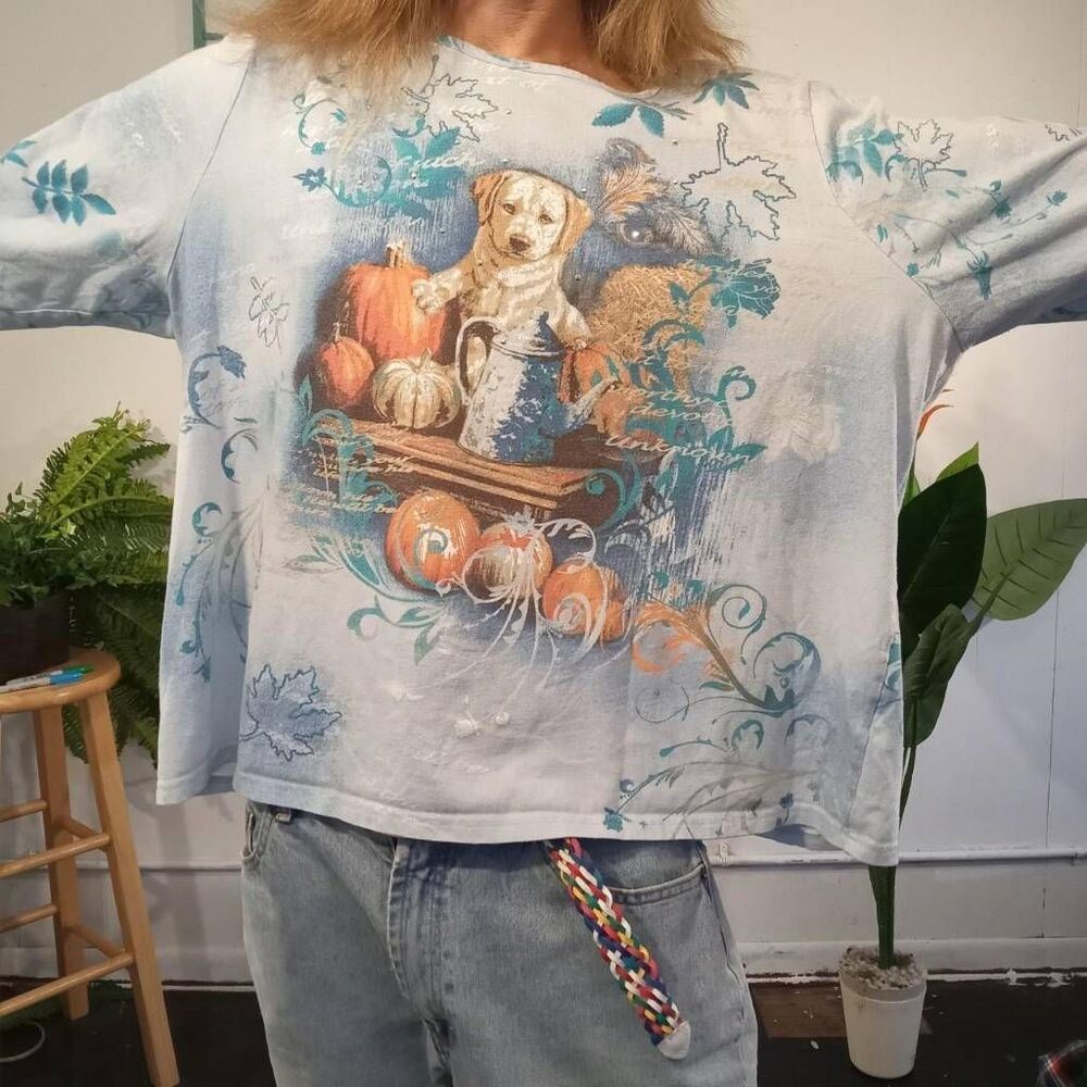 Basic Editions Blue Dog Pumpkin Fall Animal Scene Tee 1x Halloween Puppy Casual
